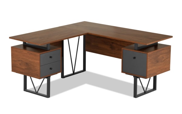 Banks Walnut 3 Drawer L-Shaped Desk with contemporary industrial style, walnut MDF top, black steel frame, and versatile drawer storage.