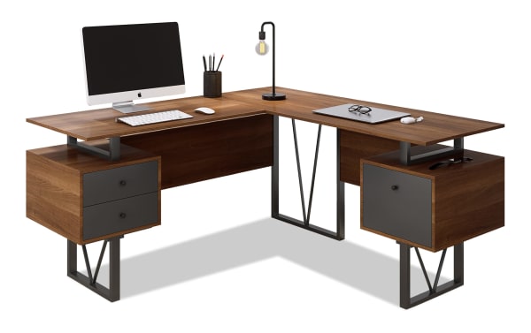 Banks Walnut 3 Drawer L-Shaped Desk with warm walnut MDF top, black steel frame, and three matte black PVC laminate drawers, contemporary industrial style for versatile office setup.