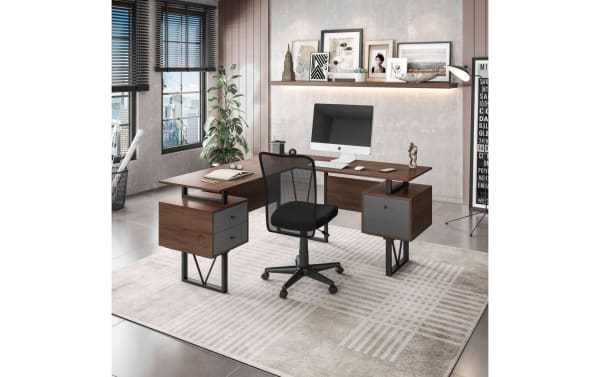 Banks Walnut 3 Drawer L-Shaped Desk with contemporary design, MDF and steel construction, walnut finish, black metal legs, and ample drawer storage.