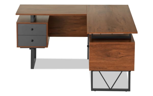 Banks Walnut 3 Drawer L-Shaped Desk with warm weathered walnut MDF top, black steel frame, and two gray PVC laminate drawers, contemporary industrial style.