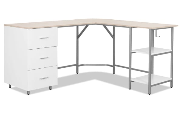 Kyla Natural & White 3 Drawer L-Shaped Desk with MDF wood top, white drawers, steel frame, 2 adjustable shelves, and 3 storage drawers.