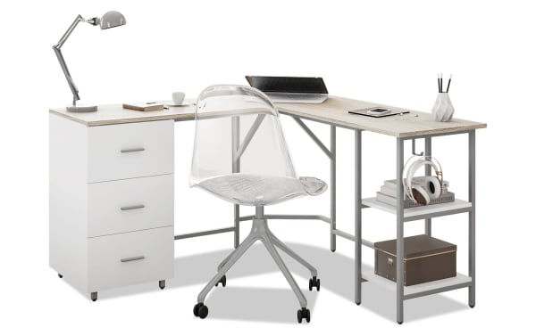 Kyla Natural & White 3 Drawer L-Shaped Desk with MDF wood top, steel frame, three white drawers, two adjustable shelves, and clear swivel chair.