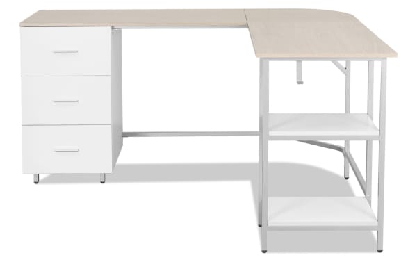 Kyla Natural & White 3 Drawer L-Shaped Desk with MDF wood top, white steel frame, three storage drawers, and two open shelves in transitional style.