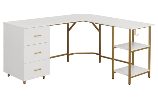 Kyla White & Gold 3 Drawer L-Shaped Desk with MDF top, power-coated steel frame, three side drawers, two adjustable shelves, and transitional style.