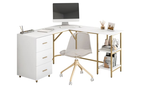 Kyla White & Gold 3 Drawer L-Shaped Desk with MDF top, power-coated steel frame, three white drawers, two open shelves, and gold accents in transitional style.
