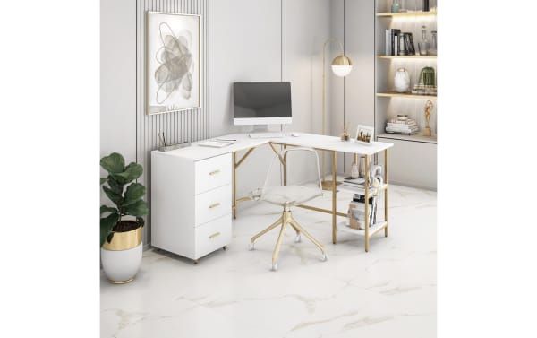 Kyla White & Gold 3 Drawer L-Shaped Desk in transitional style, featuring MDF top, power-coated gold steel frame, three white storage drawers, and two adjustable open shelves for office organization.