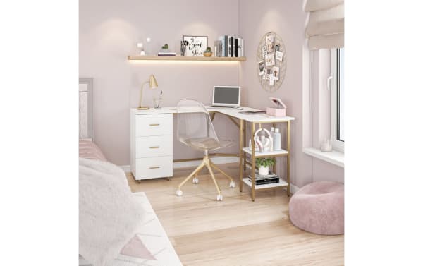 Transitional Kyla White & Gold 3 Drawer L-Shaped Desk with MDF top, power coated steel frame, adjustable shelves, and side storage drawers for home office.