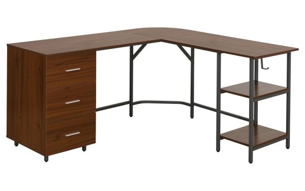 Kyla Walnut 3 Drawer L-Shaped Desk with MDF wood top, power-coated steel frame, two open shelves, and three side storage drawers in transitional style.