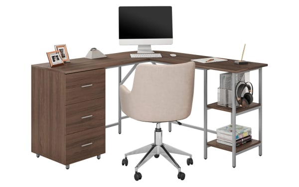 Kyla Walnut 3 Drawer L-Shaped Desk in transitional style with MDF wood top, power-coated steel frame, three walnut-finish drawers, and two adjustable open shelves.