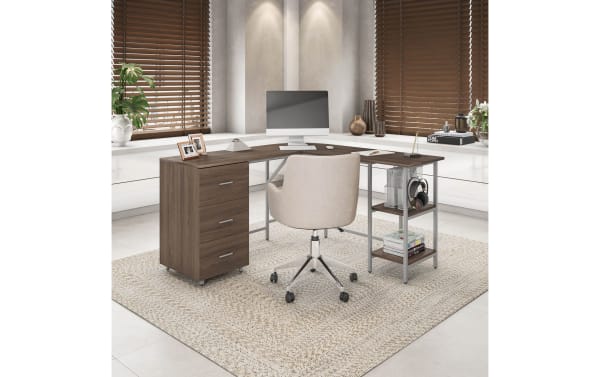 Kyla Walnut 3 Drawer L-Shaped Desk in transitional style with MDF wood top, power-coated steel frame, three storage drawers, and two adjustable shelves.