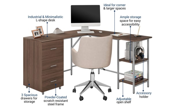 Kyla Walnut 3 Drawer L-Shaped Desk with MDF walnut finish, powder-coated steel frame, three storage drawers, adjustable open shelves, and accessory holder.