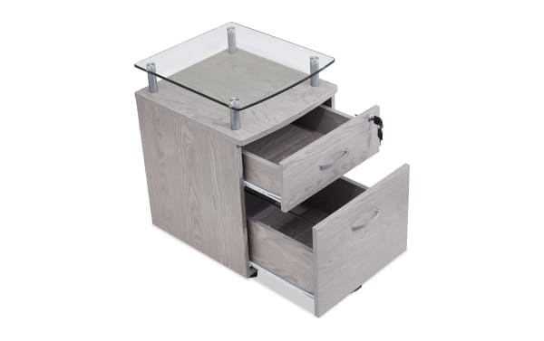 Adrian Gray 2 Drawer File Cabinet in contemporary style with gray MDF body, tempered glass top, dual-locking drawers for secure document storage.