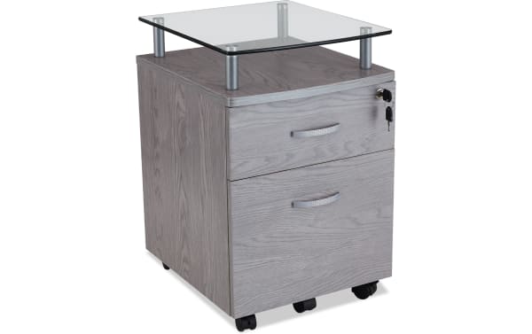 Adrian Gray 2 Drawer File Cabinet with tempered glass top, MDF construction, dual-locking drawers, contemporary gray wood finish, and caster wheels for mobility.