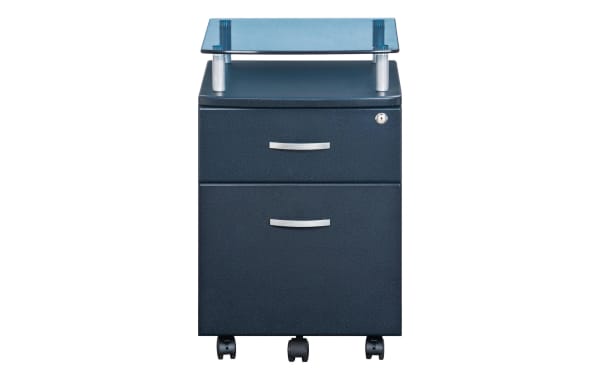 Adrian Graphite 2 Drawer File Cabinet in contemporary style with graphite powder-coated steel, tempered glass shelf, locking drawers, and five casters for mobility.