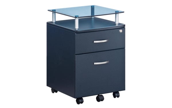 Adrian Graphite 2 Drawer File Cabinet in contemporary style with tempered glass top shelf, graphite MDF, powder-coated steel, locking drawers, and casters for mobility.