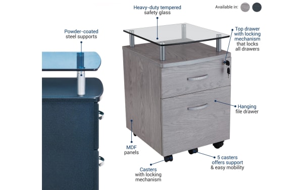 Adrian Graphite 2 Drawer File Cabinet in contemporary style with heavy-duty tempered glass top, MDF panels, powder-coated steel supports, locking top drawer, hanging file drawer, and five casters for mobility. Available in light wood grain and dark graphite finishes.