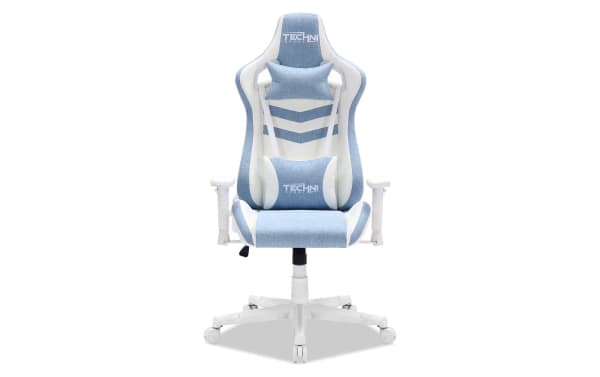 Astro Light Blue Ergonomic Gaming Chair by Techni Sport, contemporary blue and white fabric and polyurethane, memory foam seat, lumbar and neck cushions, adjustable height, 150-degree recline, 2D padded armrests.
