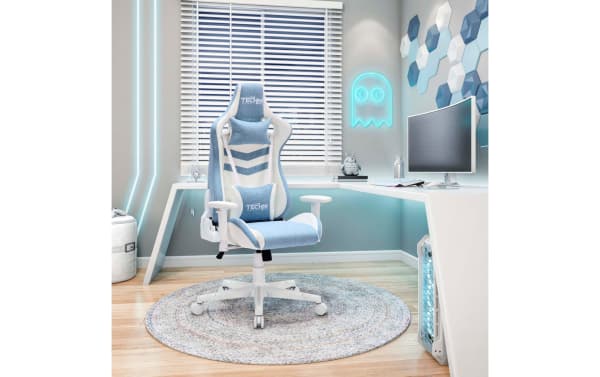 Astro Light Blue Ergonomic Gaming Chair with blue and white polyurethane, nylon, and fabric. Features memory foam cushions, lumbar and neck support, 150-degree recline, adjustable height, and 2D padded armrests in a contemporary style.