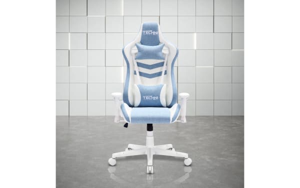 Astro Light Blue Ergonomic Gaming Chair by Techni Sport in blue and white fabric with polyurethane, nylon frame, memory foam cushions, lumbar and neck support, 150-degree recline, adjustable height, and 2D padded armrests for console and PC gamers.