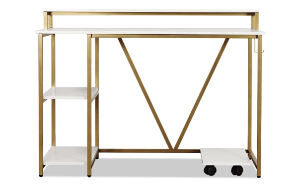 Audra White & Gold Writing Desk with contemporary design, white MDF surfaces, gold powder-coated steel frame, two-tier side shelves, elevated hutch shelf, and headphone hook.