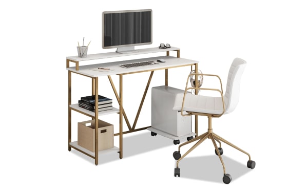 Contemporary Audra White & Gold Writing Desk with MDF top, gold powder-coated steel frame, two-tier side shelves, elevated hutch shelf, and headphone hook.
