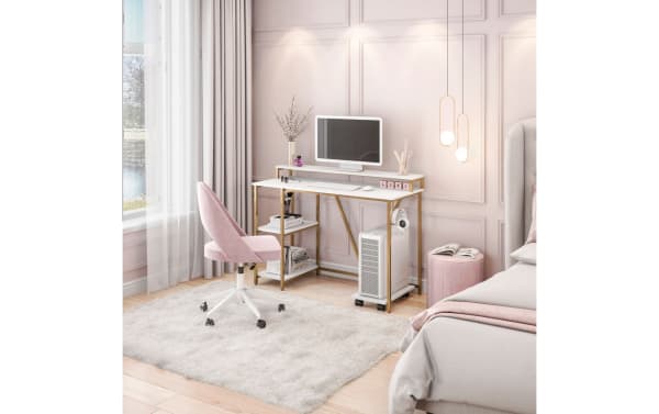 Contemporary Audra White & Gold Writing Desk with powder-coated steel frame, MDF shelves, two-tier side storage, elevated hutch shelf, and headphone hook.