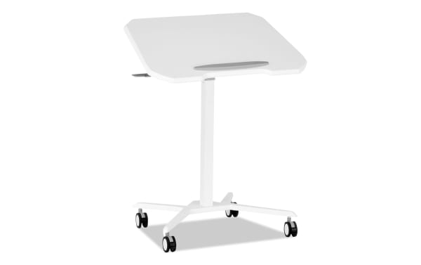 Indie White Adjustable Sit/Stand Laptop Desk with tilting MDF tabletop, steel frame, safety edge-stopper, and locking casters for mobility.