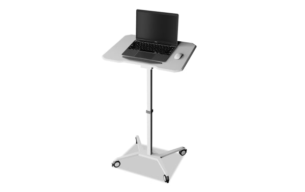 Contemporary Indie White Adjustable Sit/Stand Laptop Desk with MDF top, steel frame, tilting tabletop, safety edge-stopper, and locking caster wheels for mobility.