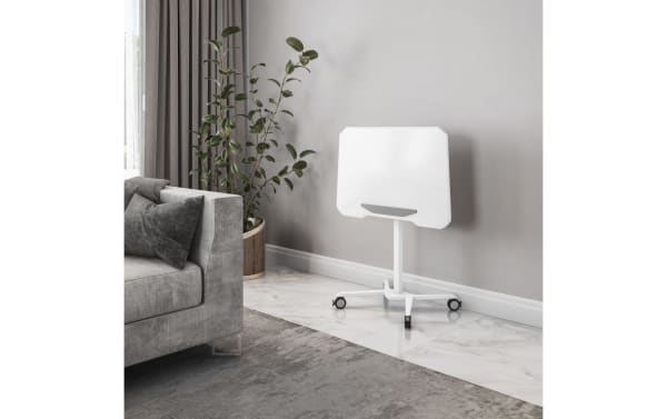 Contemporary Indie White Adjustable Sit/Stand Laptop Desk with white MDF top, steel frame, tilting tabletop, edge-stopper, and locking casters for small spaces.