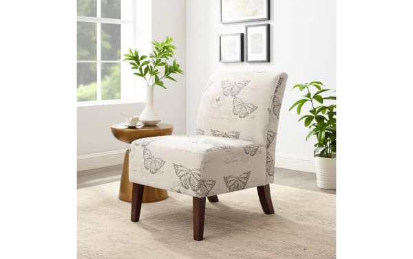 Beige Monarch Butterfly Linen Accent Chair with gray butterfly print, plush polyester fabric, and dark espresso rubberwood legs in transitional style.