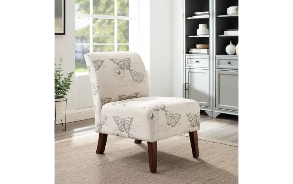Monarch Butterfly Linen Accent Chair in beige with gray butterfly print, transitional style, polyester fabric upholstery, rubberwood legs in dark espresso.