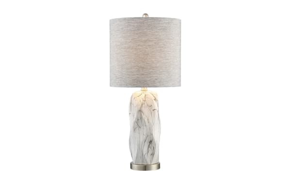 Contemporary Ariella White Table Lamp with sculpted gray ceramic base and solid gray fabric drum shade, ideal for stylish living room décor.