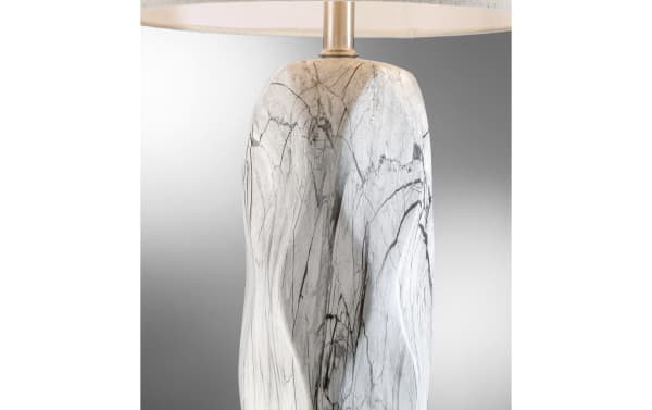 Contemporary Ariella White Table Lamp with sculpted gray ceramic base featuring organic veining and a solid fabric shade, perfect for stylish home decor.