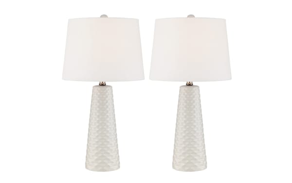 Norah White Table Lamp set of 2 with sculptural textured white ceramic bases, white fabric drum shades, contemporary style for modern decor.