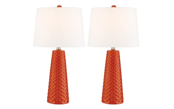 Norah Orange Table Lamp set of 2 with textured ceramic bases in vibrant orange and white fabric drum shades, contemporary style lighting.