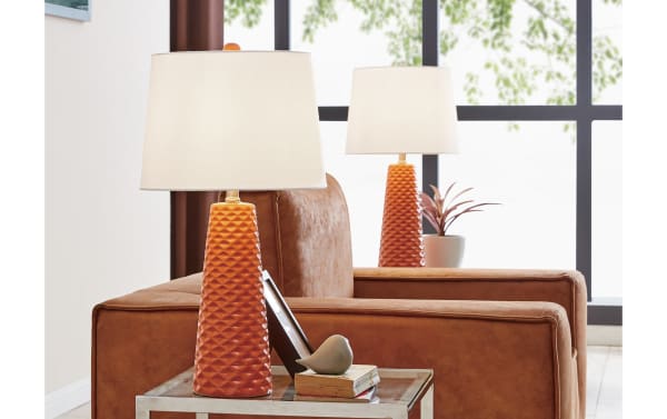 Norah Orange Table Lamp set of 2 with textured ceramic bases in vibrant orange and white fabric shades, contemporary style for modern decor.