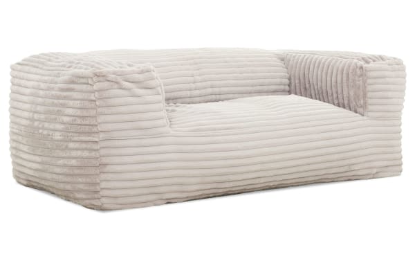 Sofia 71'' cream taupe beanbag sofa with plush polyester fabric upholstery, foam filling, and a minimalist transitional style for versatile comfort.