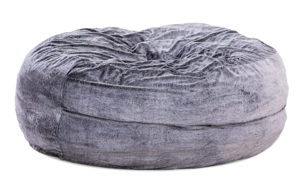 Luxe 60'' Gray Beanbag with plush gray faux fur polyester fabric and soft foam filling, offering a cozy, transitional-style seating option.