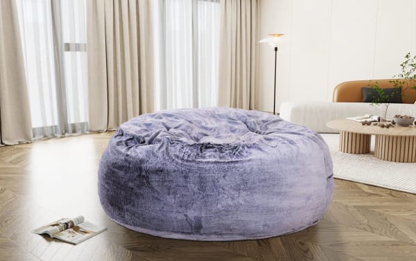 Luxe 60'' Gray beanbag chair with plush faux fur polyester upholstery, transitional style, and cloud-like foam filling for cozy seating.