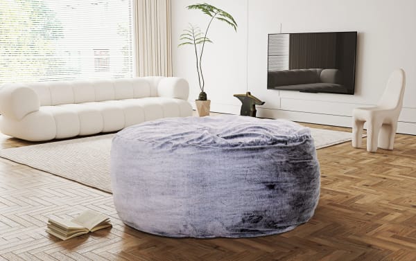 Luxe 60'' Gray Beanbag in transitional style with soft gray faux fur polyester fabric and cloud-like foam filling, perfect for cozy seating.
