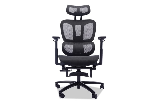 Dominic Black Adjustable Swivel Office Chair with breathable full mesh back, 4D adjustable arms, built-in footrest, and gas lift height adjustment.