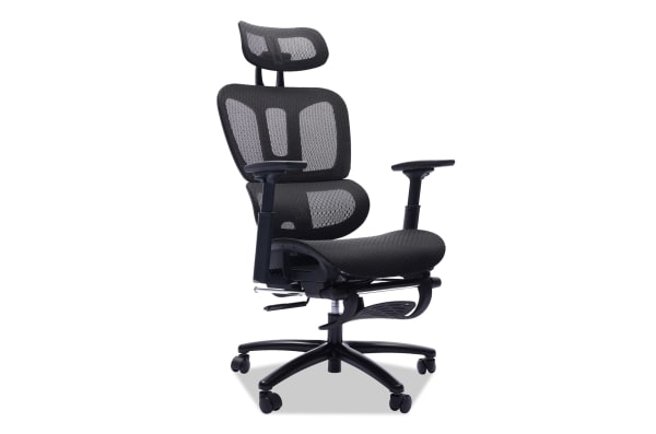 Dominic Black Adjustable Swivel Office Chair with breathable full mesh back, 4D adjustable arms, built-in footrest, and gas lift height adjustment in black fiber upholstery.