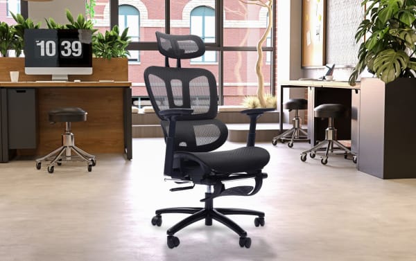 Dominic Black Adjustable Swivel Office Chair with breathable full mesh back, fiber upholstery, 4D adjustable arms, built-in footrest, and gas lift height adjustment in black plastic frame.