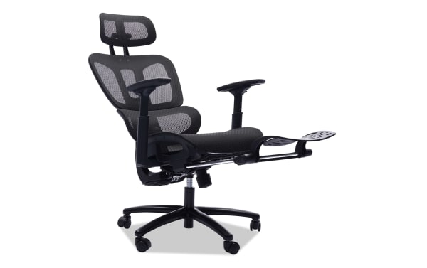 Dominic Black Adjustable Swivel Office Chair with breathable full mesh back, 4D adjustable arms, built-in footrest, and gas lift height adjustment.