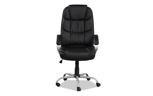 Brandford black faux leather adjustable height office chair with ergonomic armrests, 360-degree swivel, 15-degree tilt, metal base, and nylon casters.