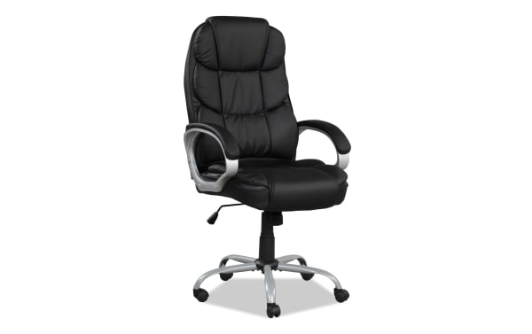 Brandford black faux leather adjustable height office chair with ergonomic armrests, padded seat, 360-degree swivel, nylon casters, and metal base.