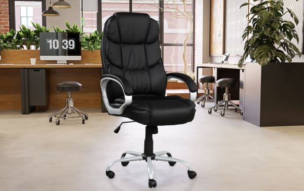 Brandford Black Faux Leather Adjustable Height Office Chair with ergonomic armrests, 360° swivel, 15° seat tilt, nylon casters, and metal base in traditional style.