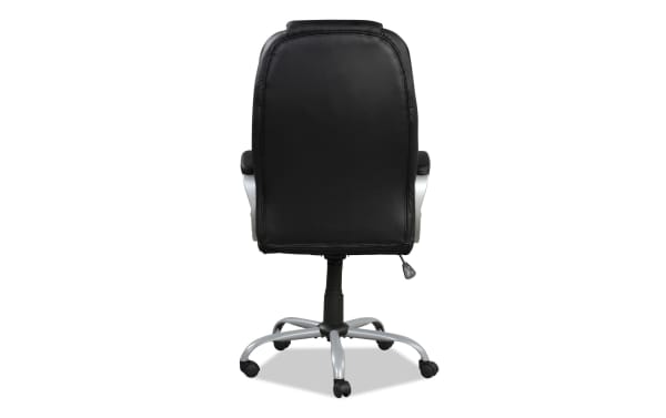 Back view of Brandford black faux leather office chair with adjustable height, ergonomic armrests, metal base, and nylon caster wheels for smooth mobility.