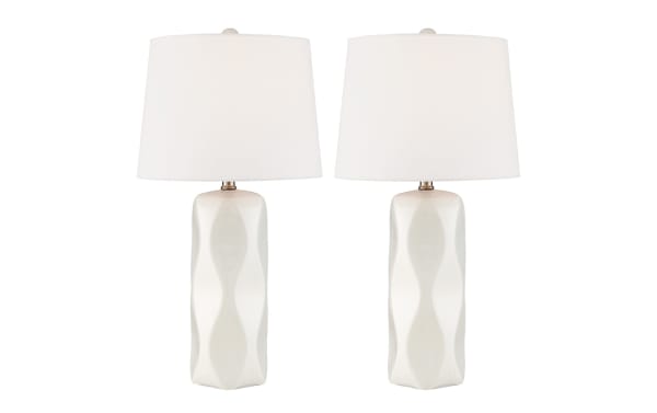 Set of 2 Zayden White Table Lamps with sculptural white ceramic bases and sleek white fabric drum shades, contemporary style lighting.