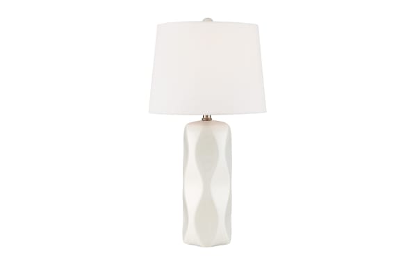 Contemporary Zayden White Table Lamp with sculptural white ceramic base and white fabric shade, ideal for modern home lighting.